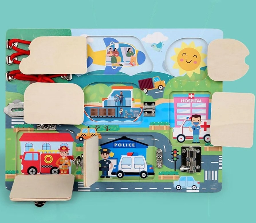 Placa cu activitati Montessori - Incuie Descuie, 3 ani, Vehicule