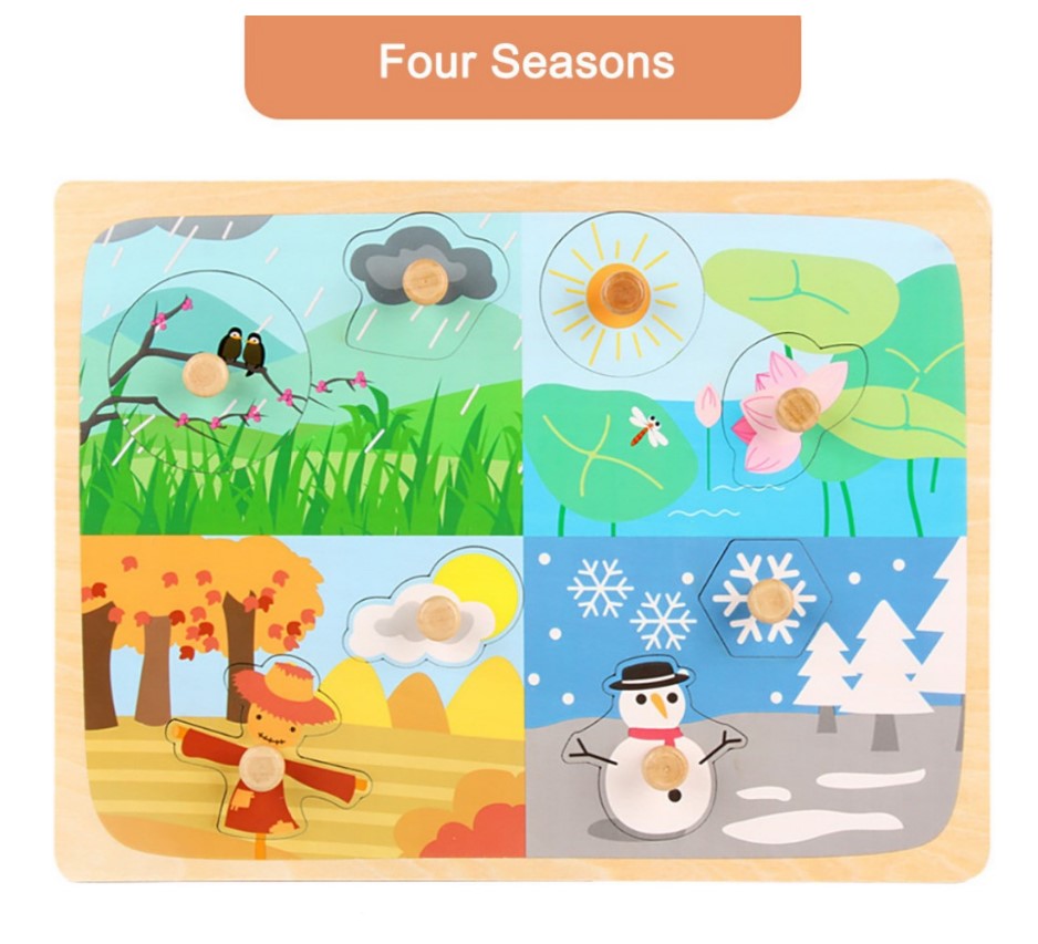Puzzle incastru din lemn cu butoni si imagine de asociere –Anotimpuri