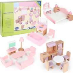 Set mobilier case de papusi, din lemn, 22 de piese 01