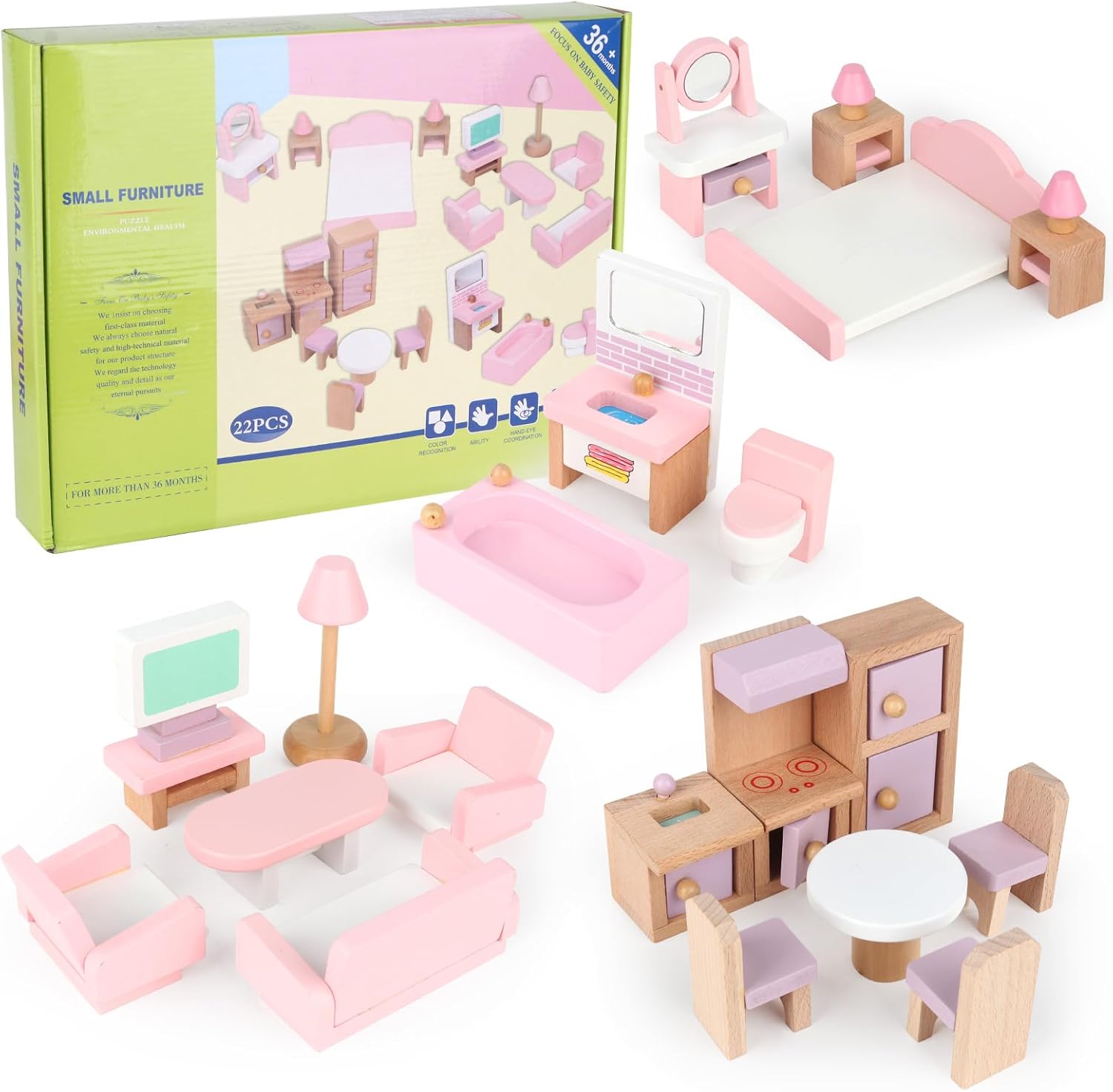 Set mobilier case de papusi, din lemn, 22 de piese 01