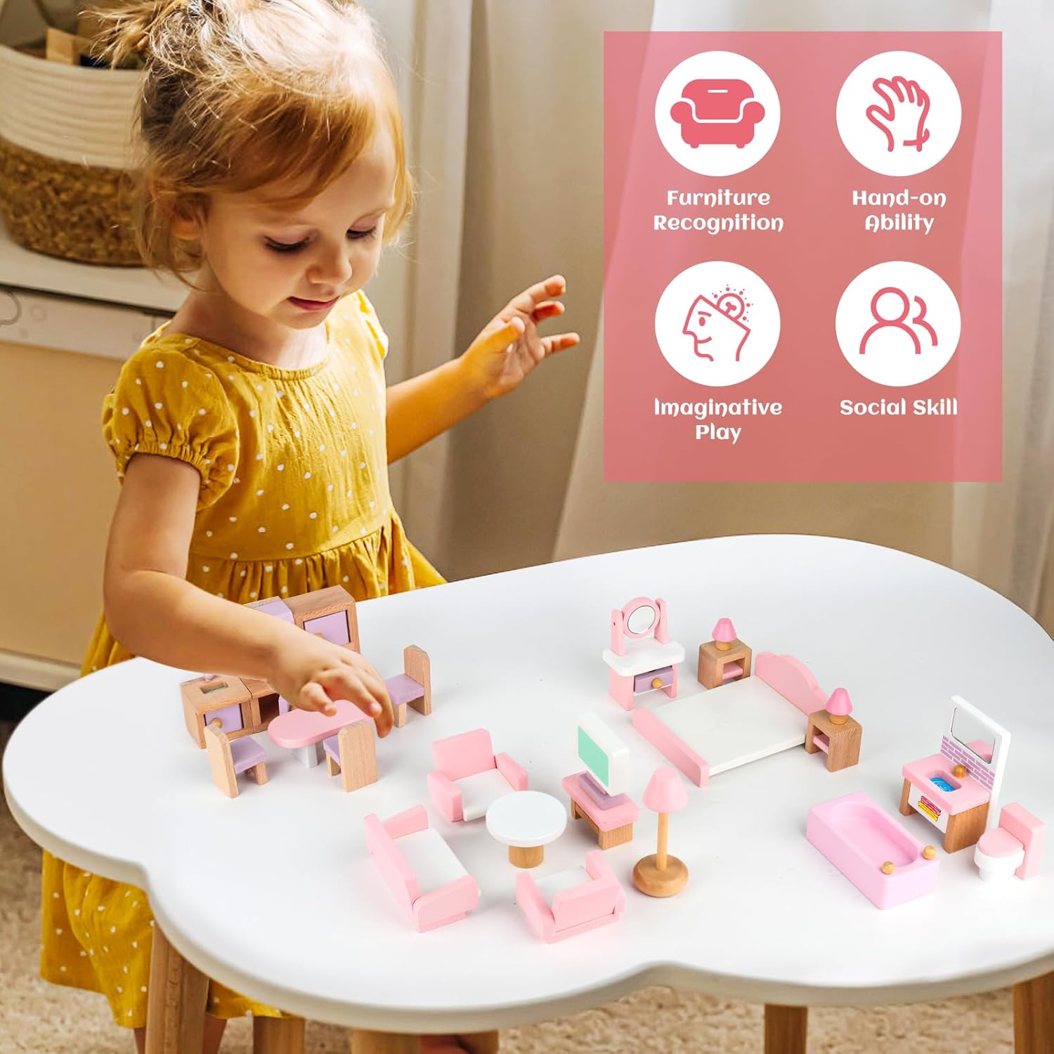 Set mobilier case de papusi, din lemn, 22 de piese 01