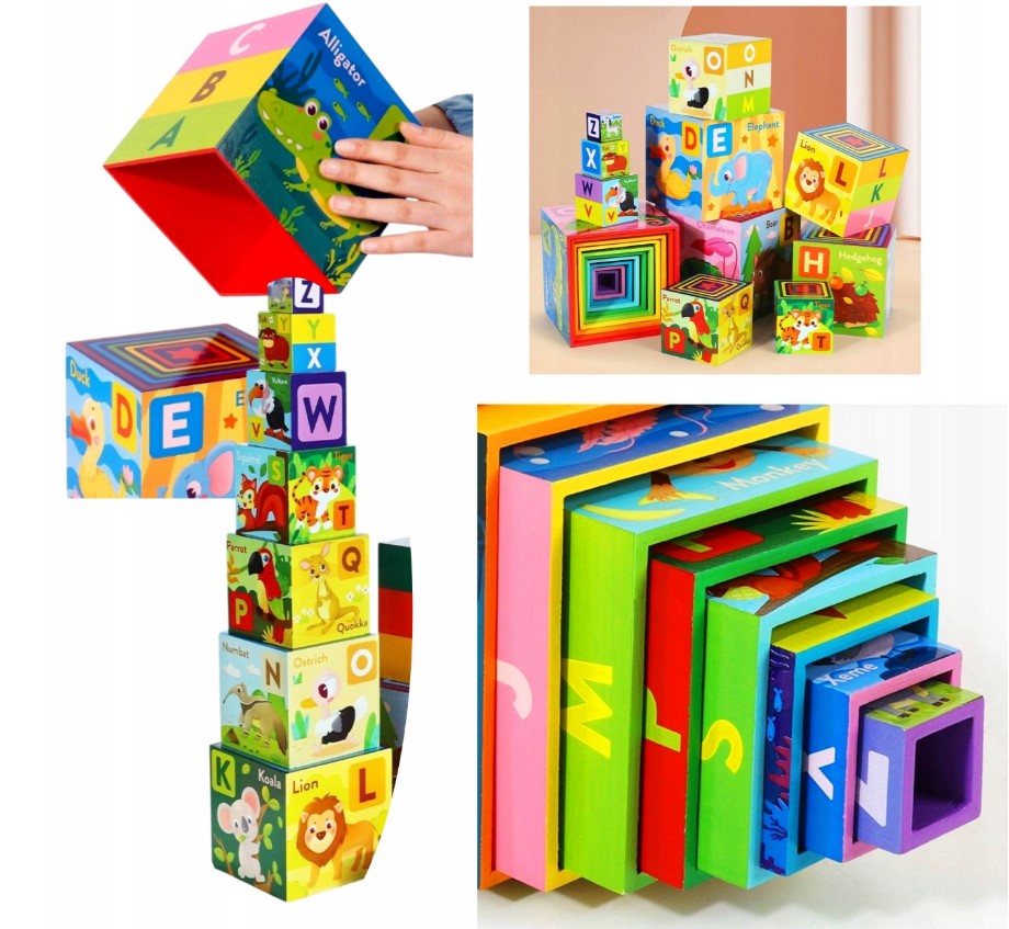 Turn piramida, set 10 cuburi din lemn, 3 ani 08