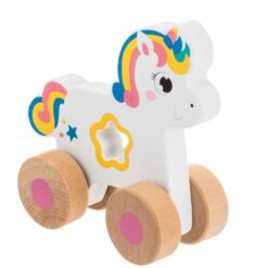 Unicorn din lemn, cu 4 Roti, 6 luni+
