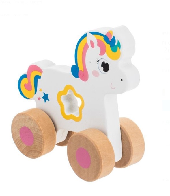 Unicorn din lemn, cu 4 Roti, 6 luni+