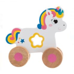 Unicorn din lemn, cu 4 Roti, 6 luni+