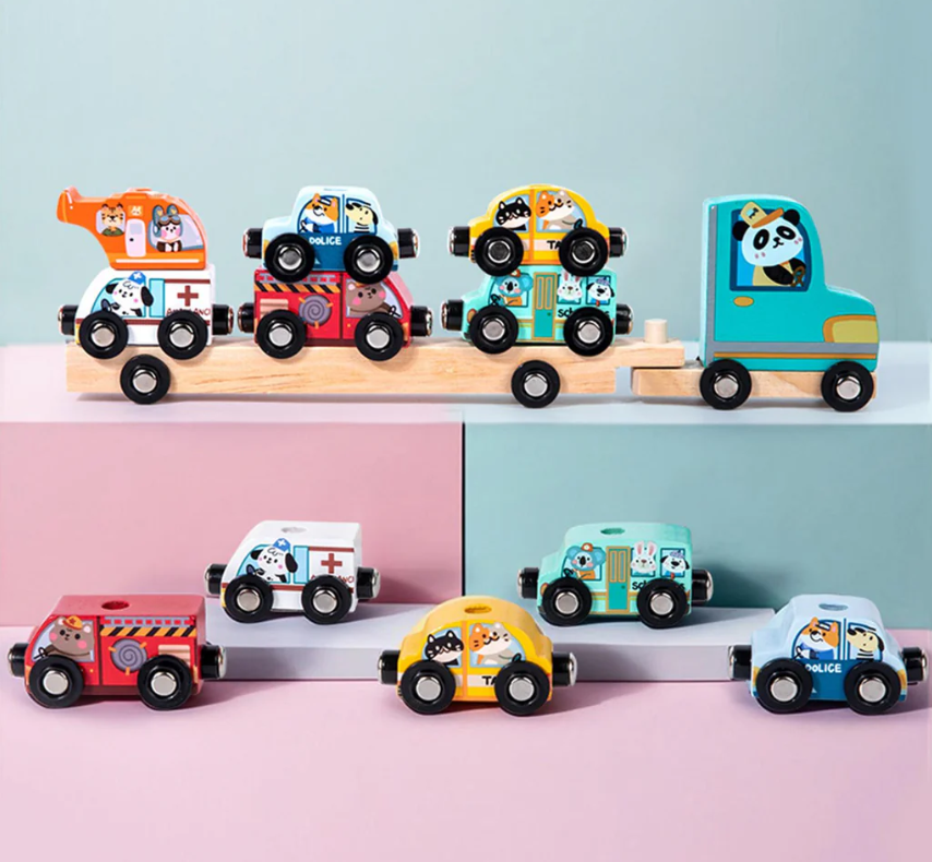 Camion Transportator din lemn cu 6 Vehicule, 3 ani