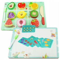 Puzzle din 2 piese, de feliat si tablita de scris, Fructe, 3 ani+