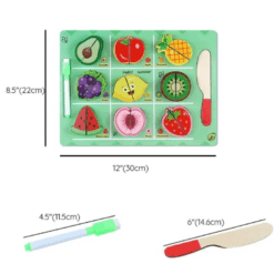 Puzzle din 2 piese, de feliat si tablita de scris, Fructe, 3 ani+