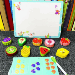 Puzzle din 2 piese, de feliat si tablita de scris, Fructe, 3 ani+