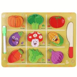 Puzzle din 2 piese, de feliat si tablita de scris, Legume, 3 ani+