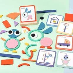 Puzzle educativ Tangram din lemn cu 100 piese, Forme, 3 ani+